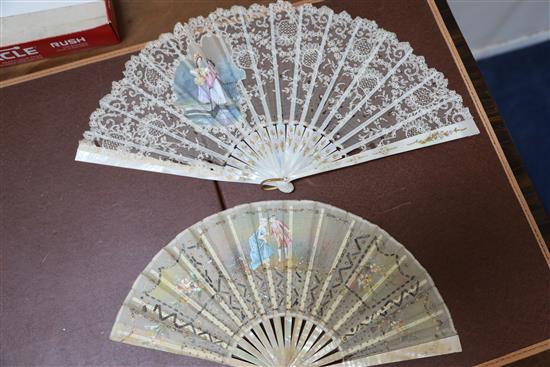 A 19th century French mother-of-pearl and painted parchment fan and three mother-of pearl guarded fans largest 28cm